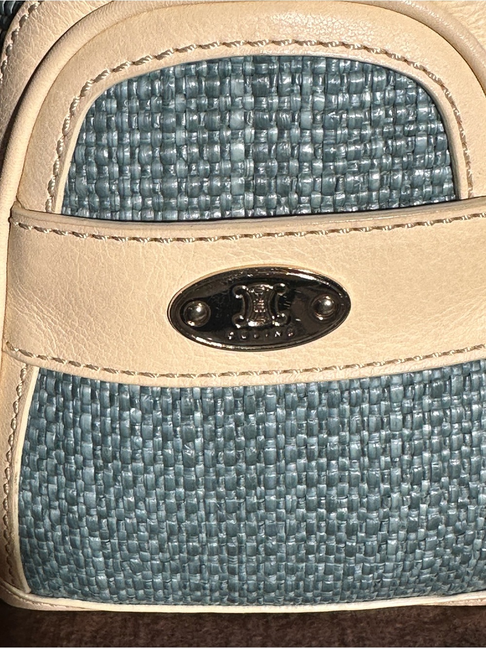 Celine Light Blue Woven Tote with Cream Leather Trim - Picture 5 of 12